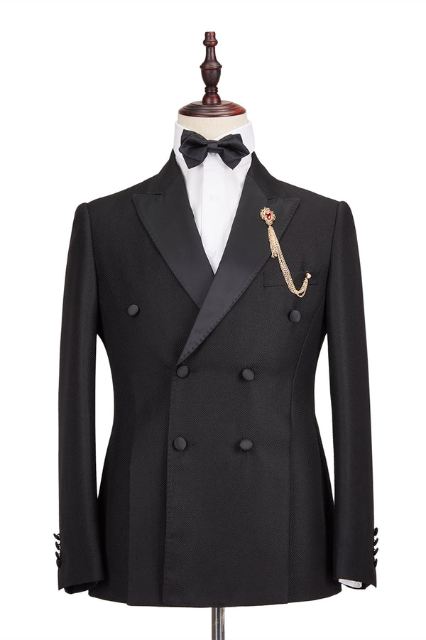 This Well-cut Satin Peak Lapel Double Breasted Black Men Wedding Suit Groom Tuxedos at stylesnuggle comes in all sizes for prom, wedding and business. Shop an amazing selection of Peaked Lapel Double Breasted Black mens suits in cheap price.