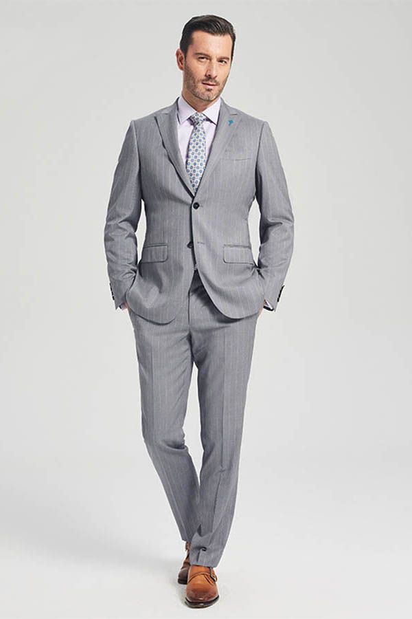 This Well-cut Stripes Grey Suits, Two Buttons Peak Lapel Business Mens Suits at stylesnuggle comes in all sizes for prom, wedding and business. Shop an amazing selection of Peaked Lapel Single Breasted Silver mens suits in cheap price.