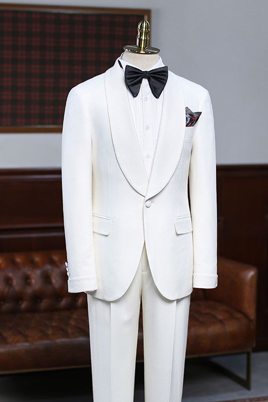 Discover the very best Well-cut White Two-pieces Slim Fit Custom Wedding Suit For Grooms for work,prom and wedding occasions at stylesnuggle. Custom made White Shawl Lapel mens suits with high quality.