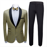 This Well-dressed Black Satin Shawl Lapel Marriage Suits, Gold Jacquard Men Wedding Tuxedos - Terence at stylesnuggle comes in all sizes for prom, wedding and business. Shop an amazing selection of Shawl Lapel Single Breasted Gold mens suits in cheap price.