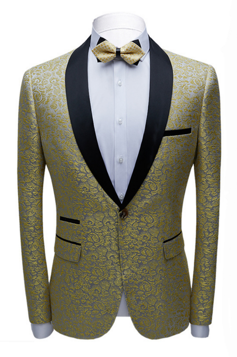 This Well-dressed Black Satin Shawl Lapel Marriage Suits, Gold Jacquard Men Wedding Tuxedos - Terence at stylesnuggle comes in all sizes for prom, wedding and business. Shop an amazing selection of Shawl Lapel Single Breasted Gold mens suits in cheap price.