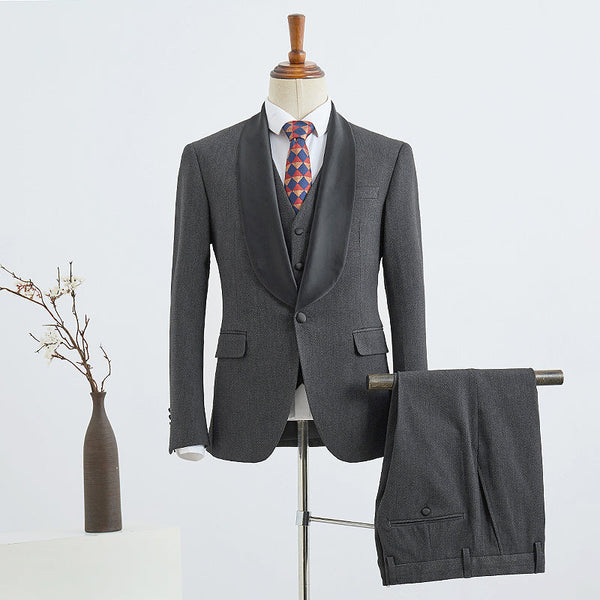 stylesnuggle is your ultimate source for trendy dark gray Three-pieces slim fit wedding suit for grooms. Shop this season's Sharp-looking Shawl Lapel Single Breasted collections at stylesnuggle. Worldwide delivery available. Fast Worldwide Shipping.Secure &amp; Easy Checkout.