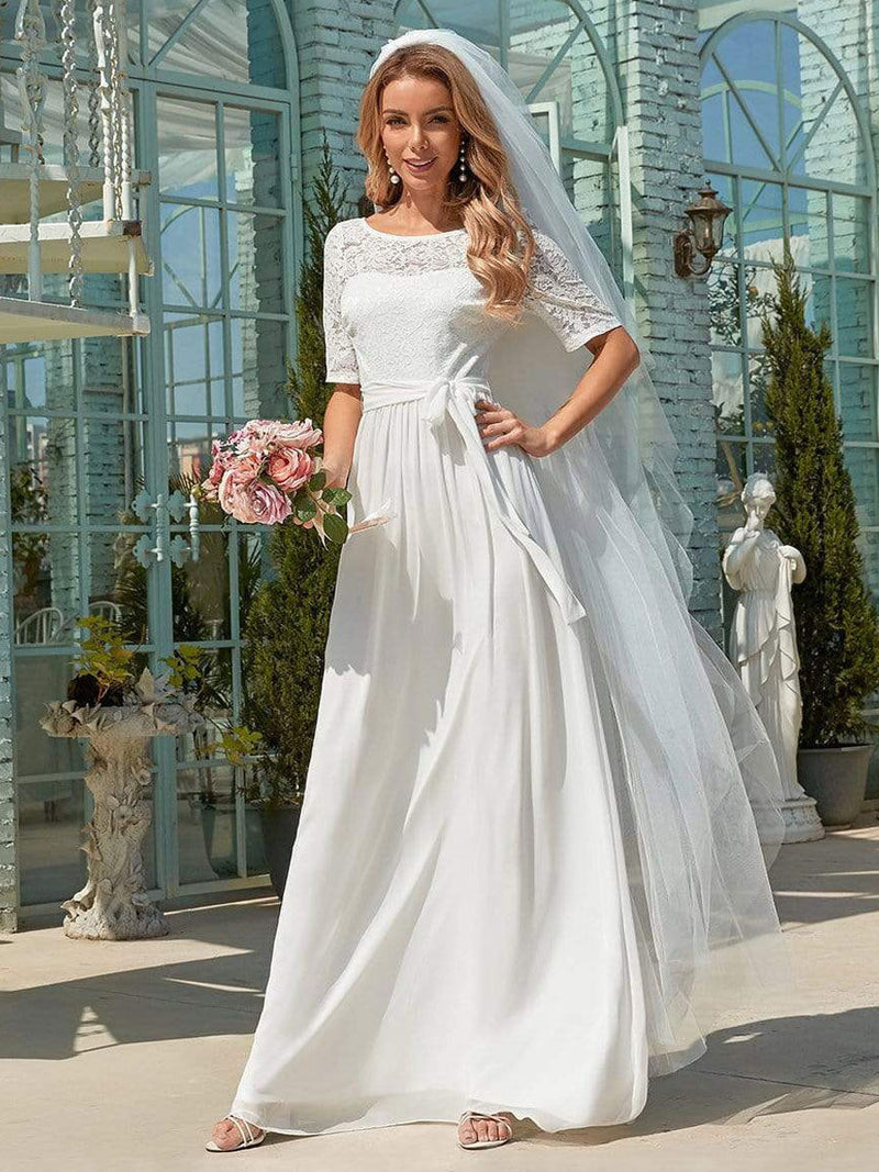 White Casual Wedding Dress Chiffon Jewel Neck Short Sleeves Sash A-Line Long Bridal Gowns-Dbrbridal