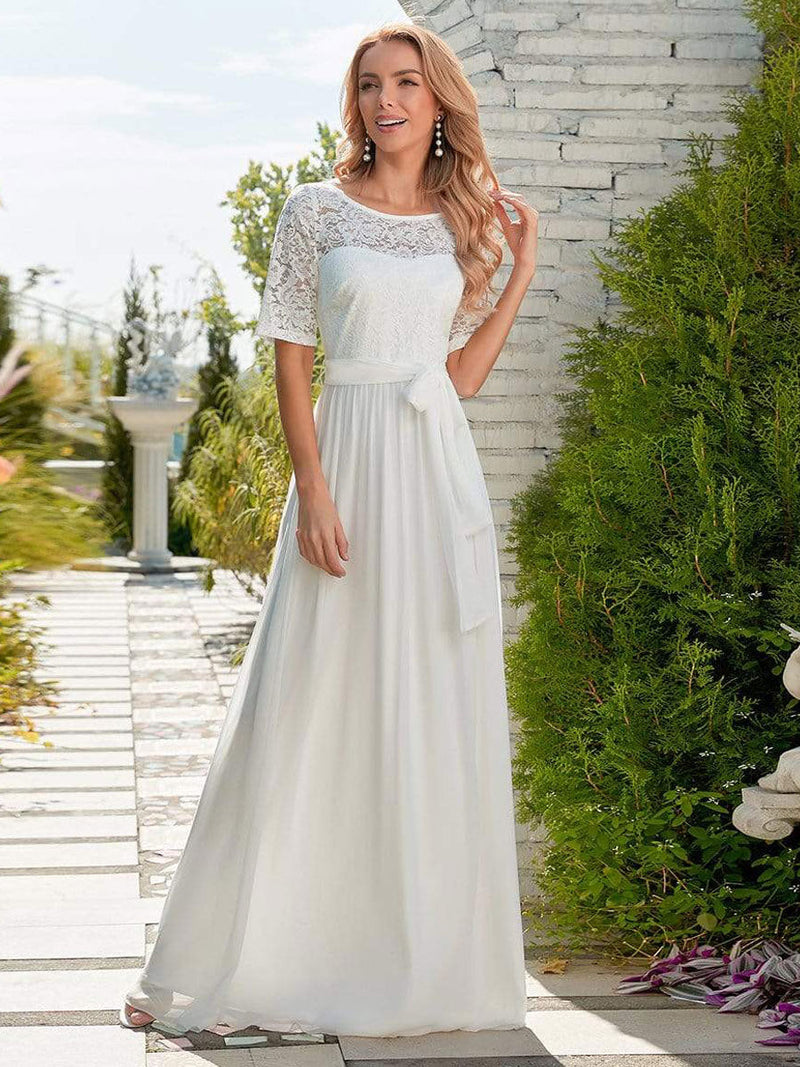 White Casual Wedding Dress Chiffon Jewel Neck Short Sleeves Sash A-Line Long Bridal Gowns-Dbrbridal