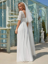 White Casual Wedding Dress Chiffon Jewel Neck Short Sleeves Sash A-Line Long Bridal Gowns-Dbrbridal