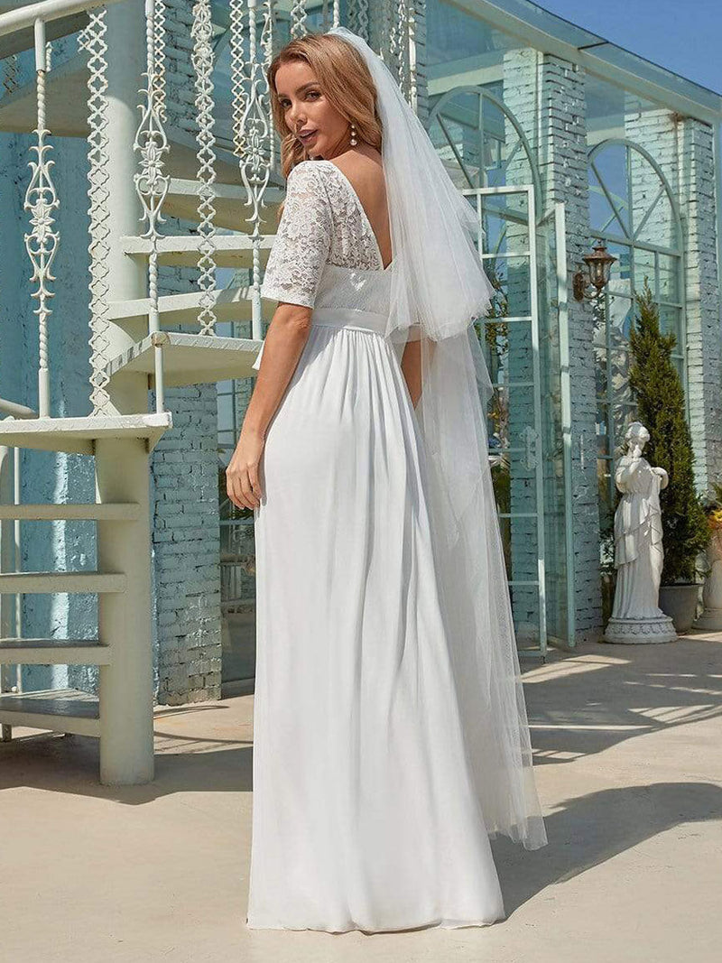 White Casual Wedding Dress Chiffon Jewel Neck Short Sleeves Sash A-Line Long Bridal Gowns-Dbrbridal