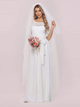 White Casual Wedding Dress Chiffon Jewel Neck Short Sleeves Sash A-Line Long Bridal Gowns-Dbrbridal