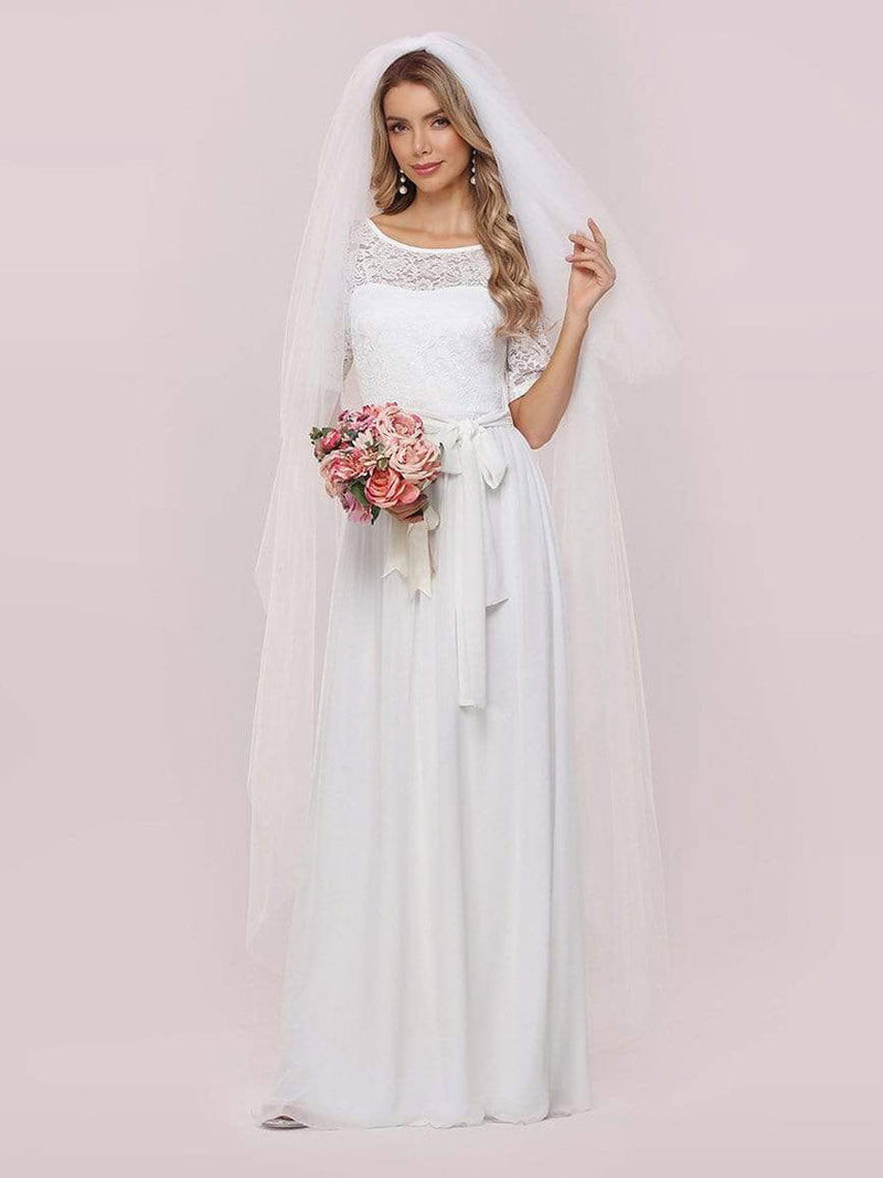 White Casual Wedding Dress Chiffon Jewel Neck Short Sleeves Sash A-Line Long Bridal Gowns-Dbrbridal