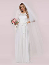 White Casual Wedding Dress Chiffon Jewel Neck Short Sleeves Sash A-Line Long Bridal Gowns-Dbrbridal