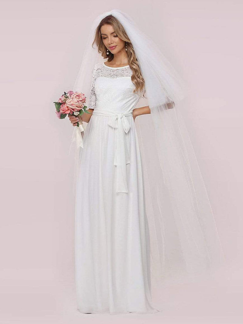 White Casual Wedding Dress Chiffon Jewel Neck Short Sleeves Sash A-Line Long Bridal Gowns-Dbrbridal