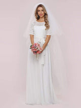 White Casual Wedding Dress Chiffon Jewel Neck Short Sleeves Sash A-Line Long Bridal Gowns-Dbrbridal