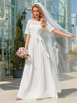 White Casual Wedding Dress Chiffon Jewel Neck Short Sleeves Sash A-Line Long Bridal Gowns-Dbrbridal