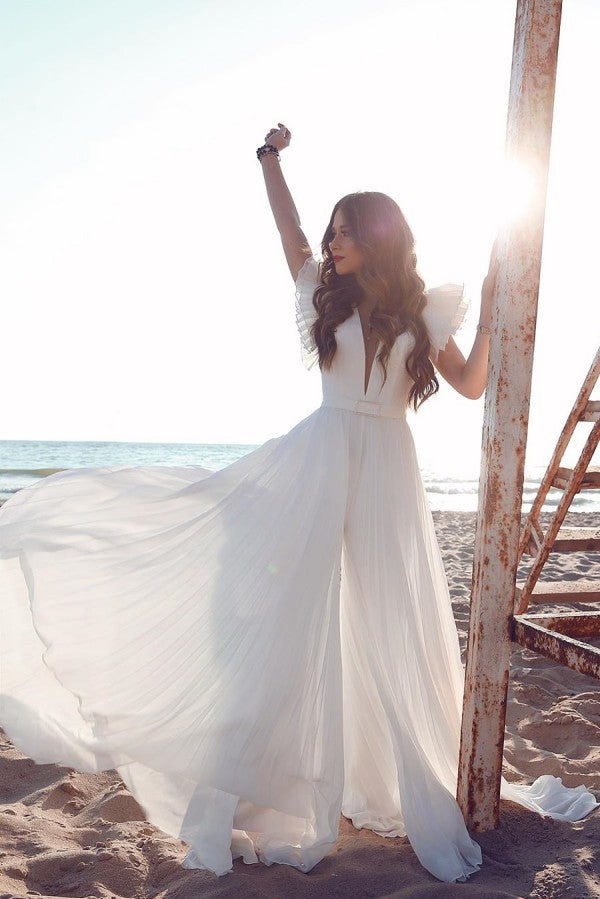 stylesnuggle offers White Chiffon Ruffless Sleeves V-neck Summer Beach Wedding Dress at factory price from White,Ivory,Champagne,Black, 100D Chiffon to A-line Floor-length hem. All sold at reasonable price