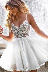 White Chiffon Spaghetti Straps Lace Appliques Homecoming Dress