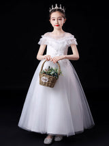 White flower girl dresses Illusion Neckline Short Sleeves Ankle-Length Princess Dress Flowers Beaded Embellishment Tulle Kids Party Dresses