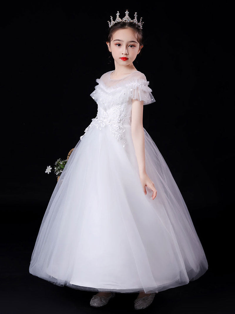 White flower girl dresses Illusion Neckline Short Sleeves Ankle-Length Princess Dress Flowers Beaded Embellishment Tulle Kids Party Dresses