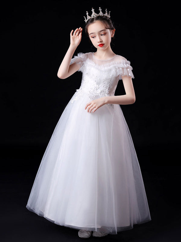 White flower girl dresses Illusion Neckline Short Sleeves Ankle-Length Princess Dress Flowers Beaded Embellishment Tulle Kids Party Dresses