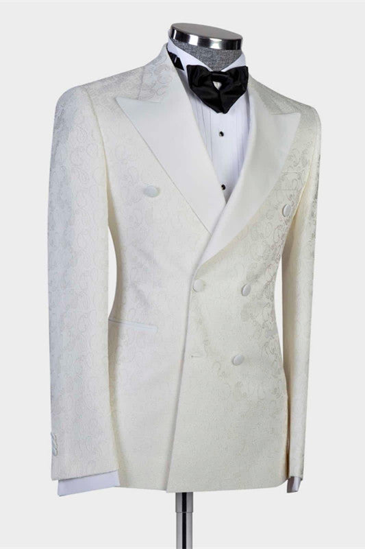 The Bespoke Peaked Lapel Double Breasted Men Suit is an essential part of any wardrobe. Whether you need a sharp business suit, a Custom design black tie evening look or a wedding or prom suit, you will find the perfect fit in stylesnuggle collection.Custom made this White Jacquard Double Breasted Peaked Lapel Wedding Suit for Men with rush order service.