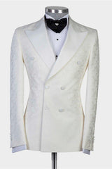 The Bespoke Peaked Lapel Double Breasted Men Suit is an essential part of any wardrobe. Whether you need a sharp business suit, a Custom design black tie evening look or a wedding or prom suit, you will find the perfect fit in stylesnuggle collection.Custom made this White Jacquard Double Breasted Peaked Lapel Wedding Suit for Men with rush order service.