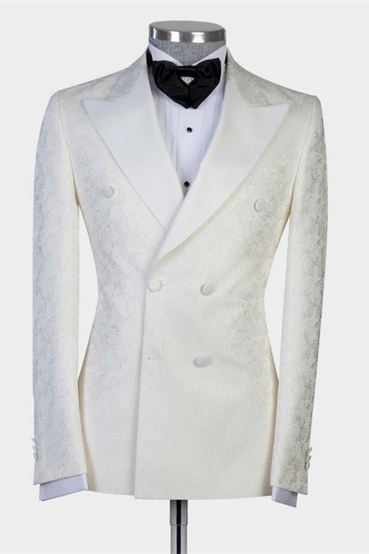 The Bespoke Peaked Lapel Double Breasted Men Suit is an essential part of any wardrobe. Whether you need a sharp business suit, a Custom design black tie evening look or a wedding or prom suit, you will find the perfect fit in stylesnuggle collection.Custom made this White Jacquard Double Breasted Peaked Lapel Wedding Suit for Men with rush order service.