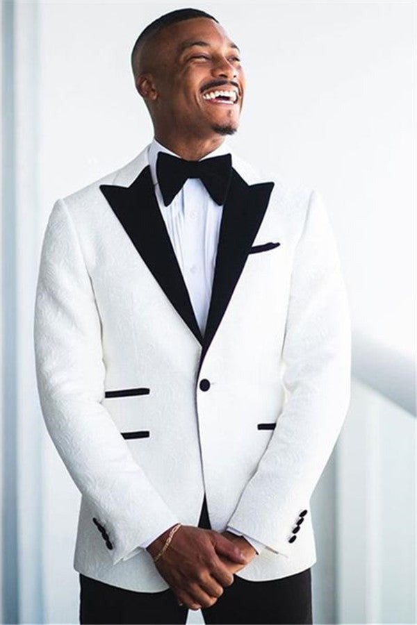 Discover the very best White Jacquard Peaked Lapel Wedding Groom Suit for work,prom and wedding occasions at stylesnuggle. Made White Peaked Lapel Mens Suits with high Quality.