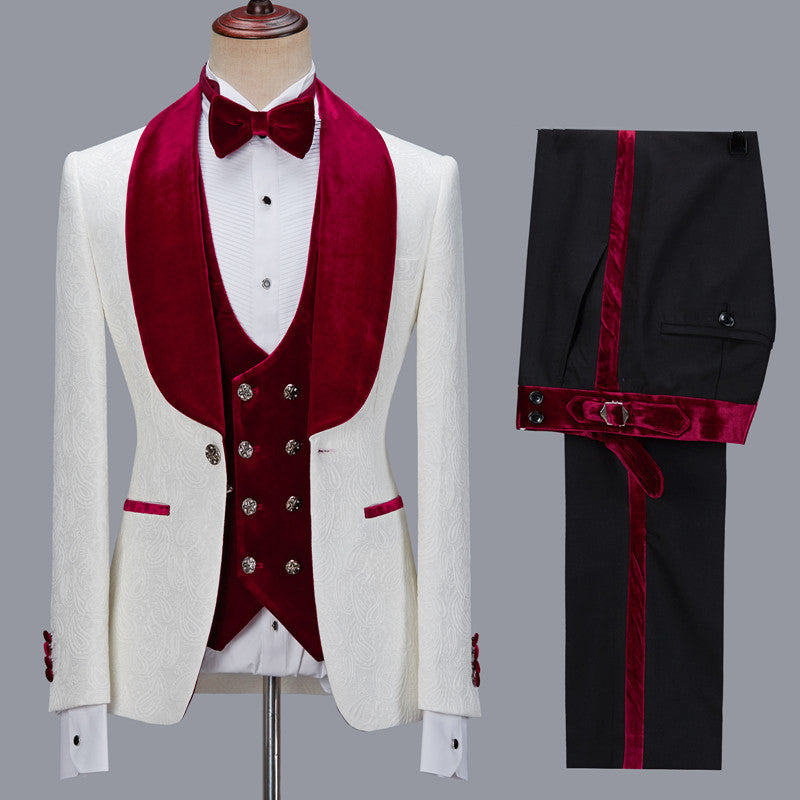 stylesnuggle is your ultimate source for White Jacquard Three Pieces Wedding Groom Men Suits with Velvet Lapel. Our White Shawl Lapel wedding groom Men Suits come in Bespoke styles &amp; colors with high quality and free shipping.