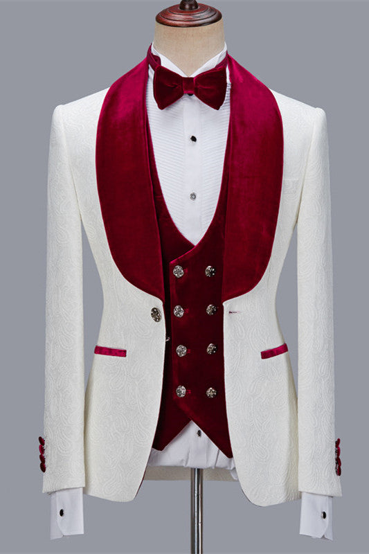 stylesnuggle is your ultimate source for White Jacquard Three Pieces Wedding Groom Men Suits with Velvet Lapel. Our White Shawl Lapel wedding groom Men Suits come in Bespoke styles &amp; colors with high quality and free shipping.