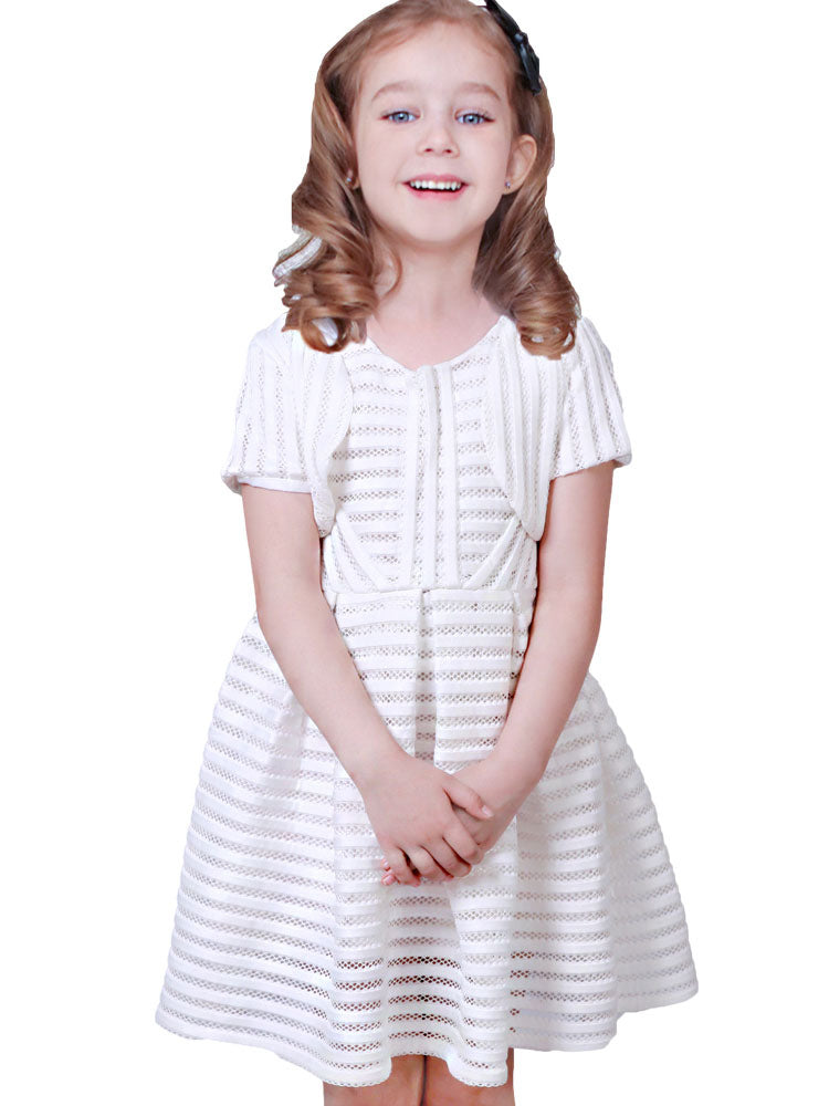 White flower girl dresses Jewel Neck Cotton Blend Short Sleeves Tea-Length A-Line Pleated Kids Social Party Dresses