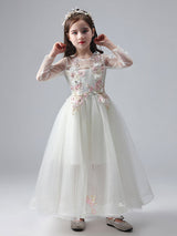 White flower girl dresses Jewel Neck Long Sleeves Ankle-Length Princess Dress Tulle FLowers Beaded Embroidered Formal Kids Pageant Dresses