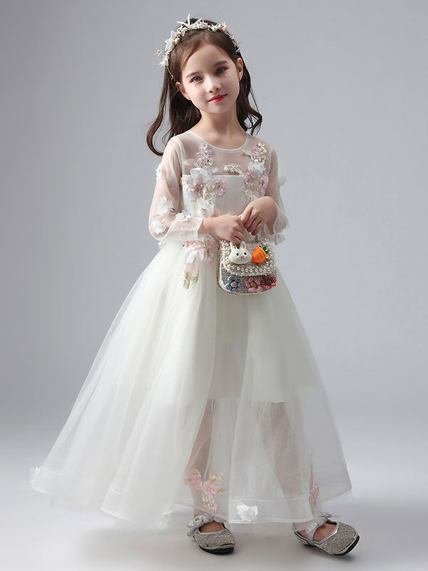 White flower girl dresses Jewel Neck Long Sleeves Ankle-Length Princess Dress Tulle FLowers Beaded Embroidered Formal Kids Pageant Dresses