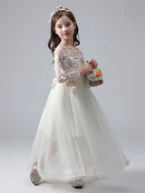 White flower girl dresses Jewel Neck Long Sleeves Ankle-Length Princess Dress Tulle FLowers Beaded Embroidered Formal Kids Pageant Dresses