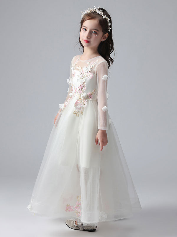 White flower girl dresses Jewel Neck Long Sleeves Ankle-Length Princess Dress Tulle FLowers Beaded Embroidered Formal Kids Pageant Dresses