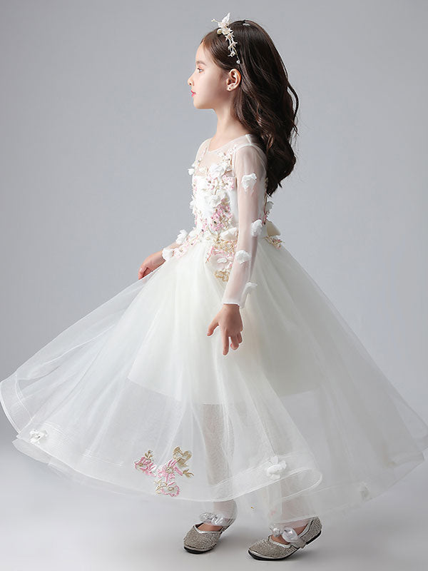 White flower girl dresses Jewel Neck Long Sleeves Ankle-Length Princess Dress Tulle FLowers Beaded Embroidered Formal Kids Pageant Dresses