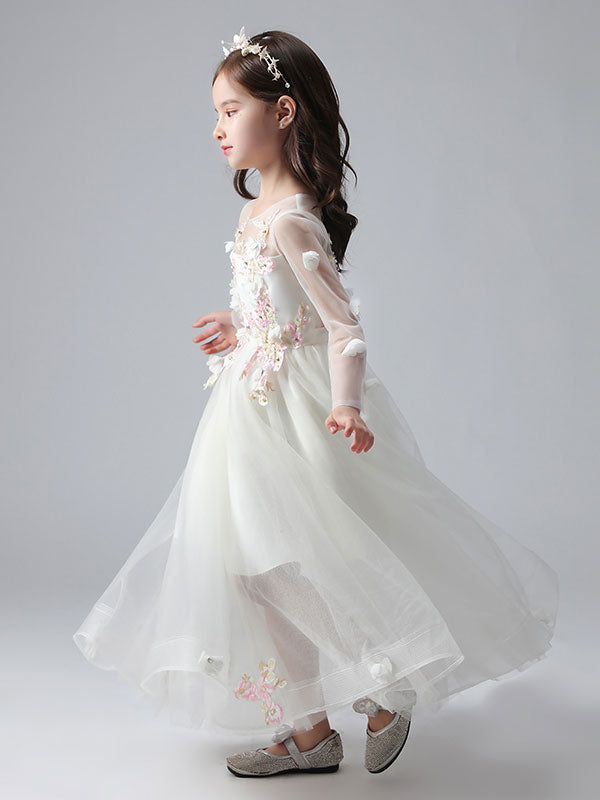 White flower girl dresses Jewel Neck Long Sleeves Ankle-Length Princess Dress Tulle FLowers Beaded Embroidered Formal Kids Pageant Dresses