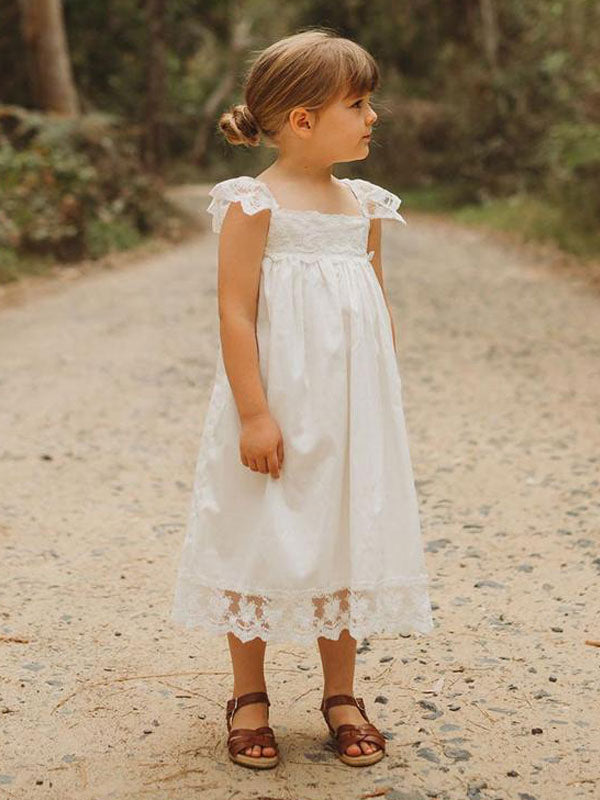 White flower girl dresses Jewel Neck Sleeveless Lace Kids Social Party Dresses