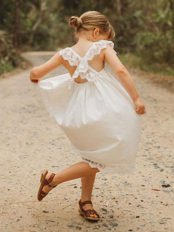 White flower girl dresses Jewel Neck Sleeveless Lace Kids Social Party Dresses