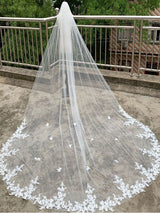 White Lace Appliques Wedding Veils One-Tier Tulle Waterfall Bridal Veils-stylesnuggle