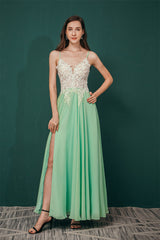 White Lace SPAGHETTI STRAPS High Split Mint green Evening Dress-stylesnuggle