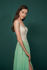 White Lace SPAGHETTI STRAPS High Split Mint green Evening Dress-stylesnuggle