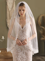 White Lace Tulle Veil Applique Edge Drop Wedding Veil-stylesnuggle