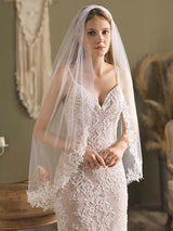 White Lace Tulle Veil Applique Edge Drop Wedding Veil-stylesnuggle