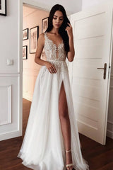 stylesnuggle offers White Lace V-neck Modern high split Sleeveless Summer Wedding Dress at factory price from White,Ivory,Champagne,Black, Lace to A-line hem. All sold at reasonable price