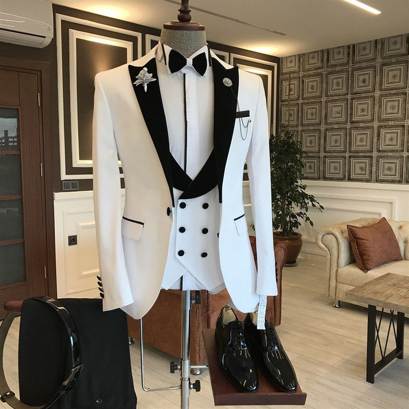 White Mixed Black Peaked Lapel One Button Slim Fit Prom Men Suit-stylesnuggle