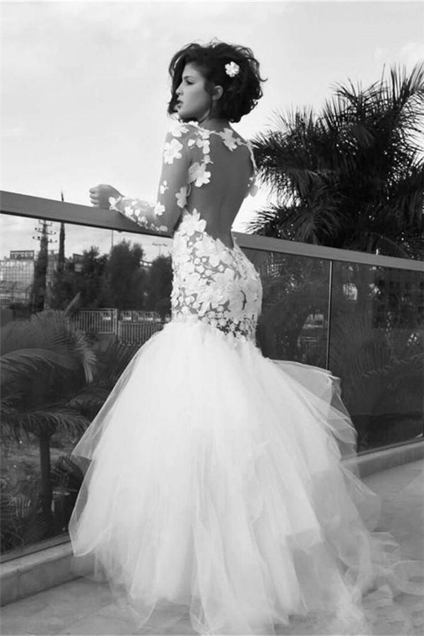 White Modern Mermaid Tulle Long Bridal Gown Long Sleeves Backless Floor Length Wedding Dress-stylesnuggle