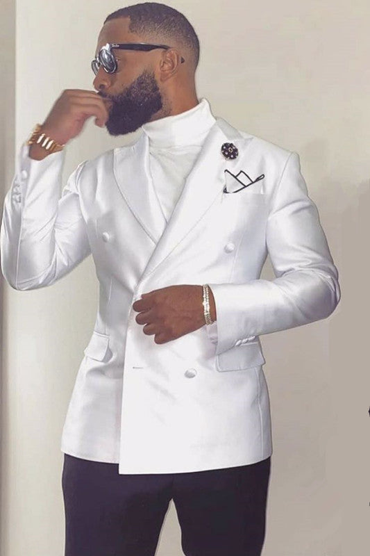 stylesnuggle custom made this White Peaked Lapel Double Breasted Wedding Groom Suits with rush order service. Discover the design of this White Solid Peaked Lapel Double Breasted mens suits cheap for prom, wedding or formal business occasion.