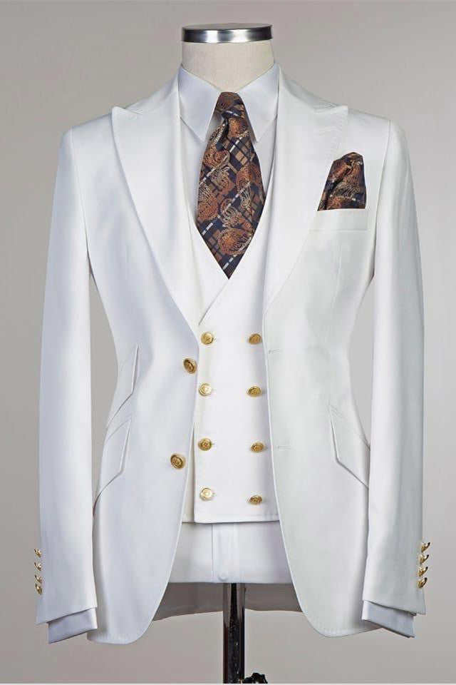 The Bespoke Peaked Lapel Single Breasted Men Suit is an essential part of any wardrobe. Whether you need a sharp business suit, a Custom design black tie evening look or a wedding or prom suit, you will find the perfect fit in stylesnuggle collection.Custom made this White Peaked Lapel Slim Fit Fashion Wedding Groom Suit with rush order service.