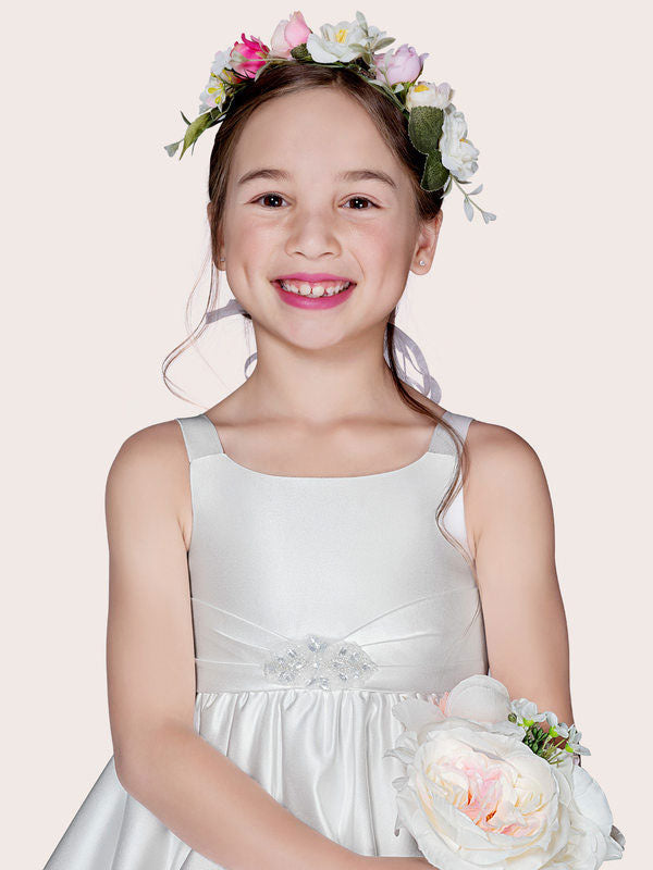 flower girl dresses White Satin Fabric Jewel Neck Sleeveless Beaded Formal Kids Pageant Dresses