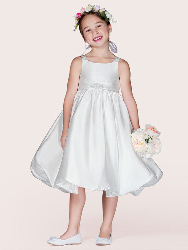 flower girl dresses White Satin Fabric Jewel Neck Sleeveless Beaded Formal Kids Pageant Dresses