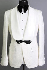 stylesnuggle made this White Shawl Lapel Jacquard Groom Suits, Decent Slim Fit Tuxedos for Marriage Two-pieces with rush order service. Discover the design of this White Jacquard Shawl Lapel Single Breasted mens suits cheap for prom, wedding or formal business occasion.