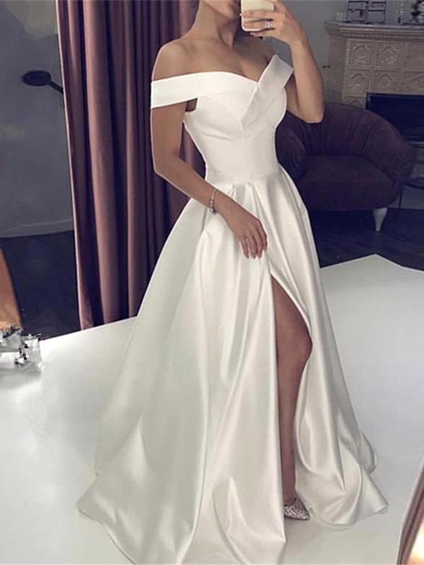 stylesnuggle offers White Silky Off-the-shoulder High split Princess Wedding Dress online at an affordable price from Satin to A-line Floor-length skirts. Shop for Amazing Sleeveless wedding collections for your big day.